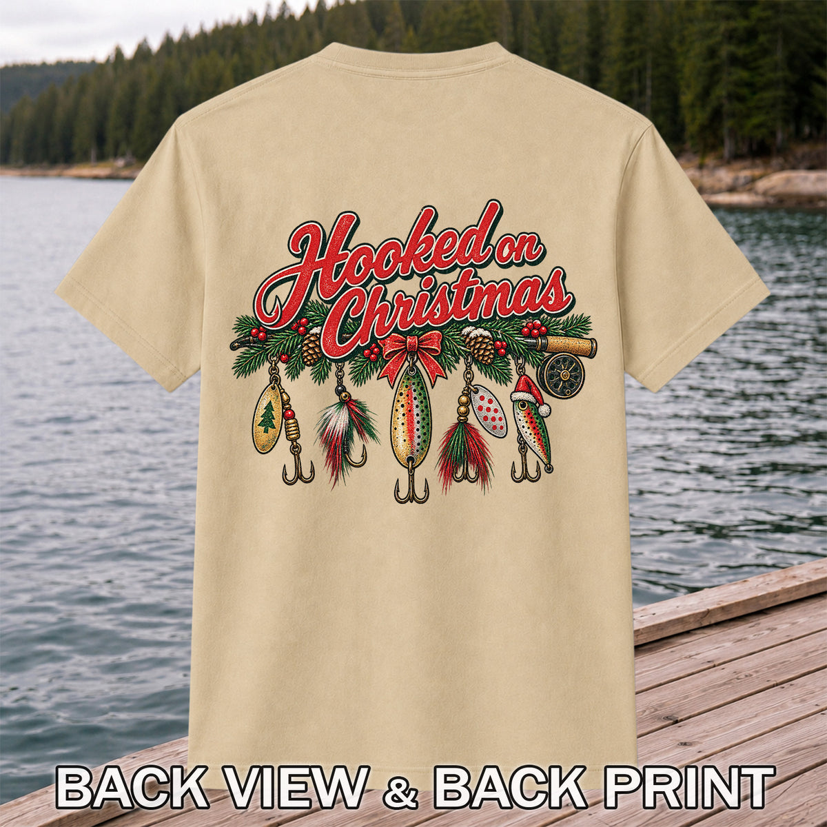 Hooked on Christmas Fishing Lure Ornaments Graphic T-Shirt | Back Print