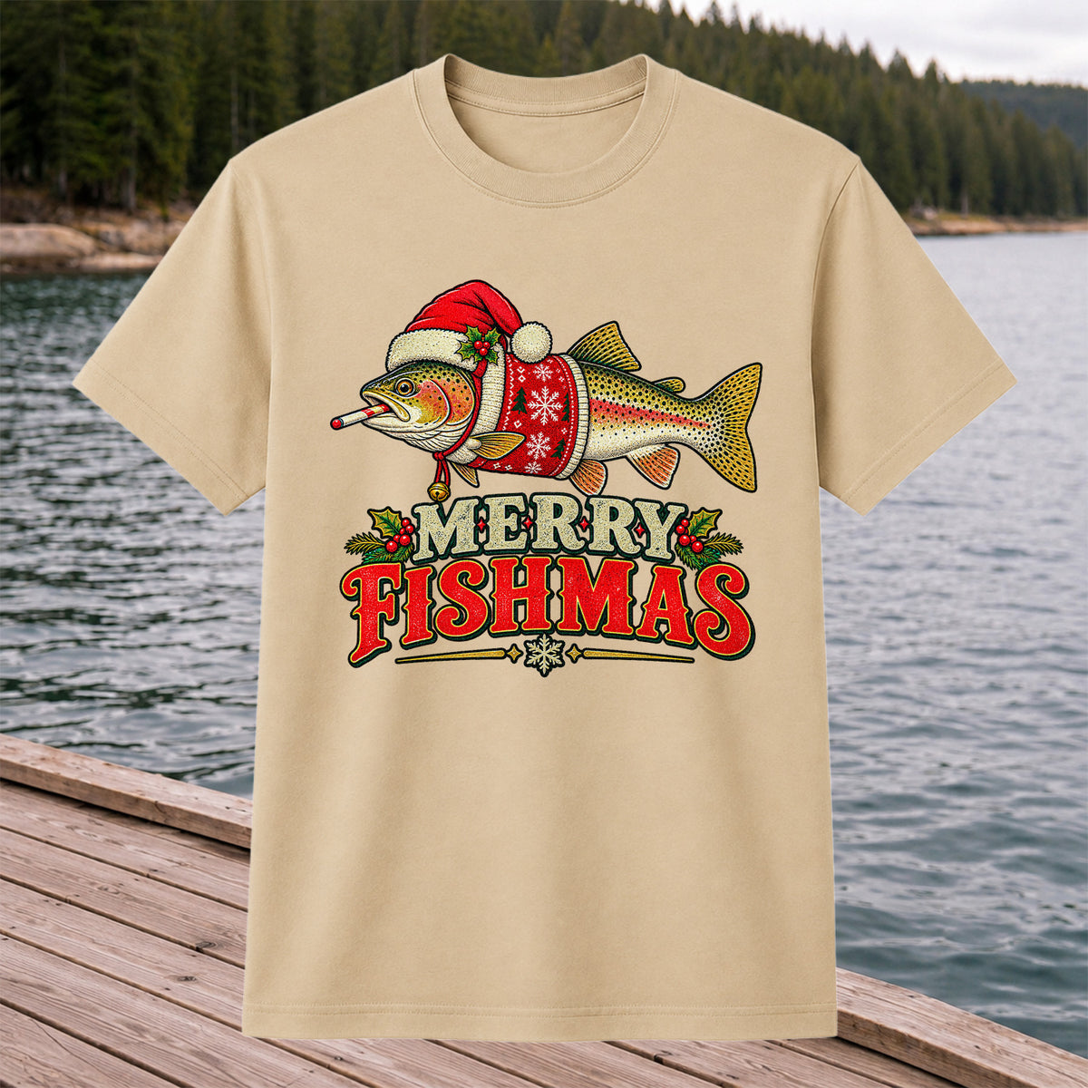 Christmas Trout Santa Fishing Graphic T-Shirt
