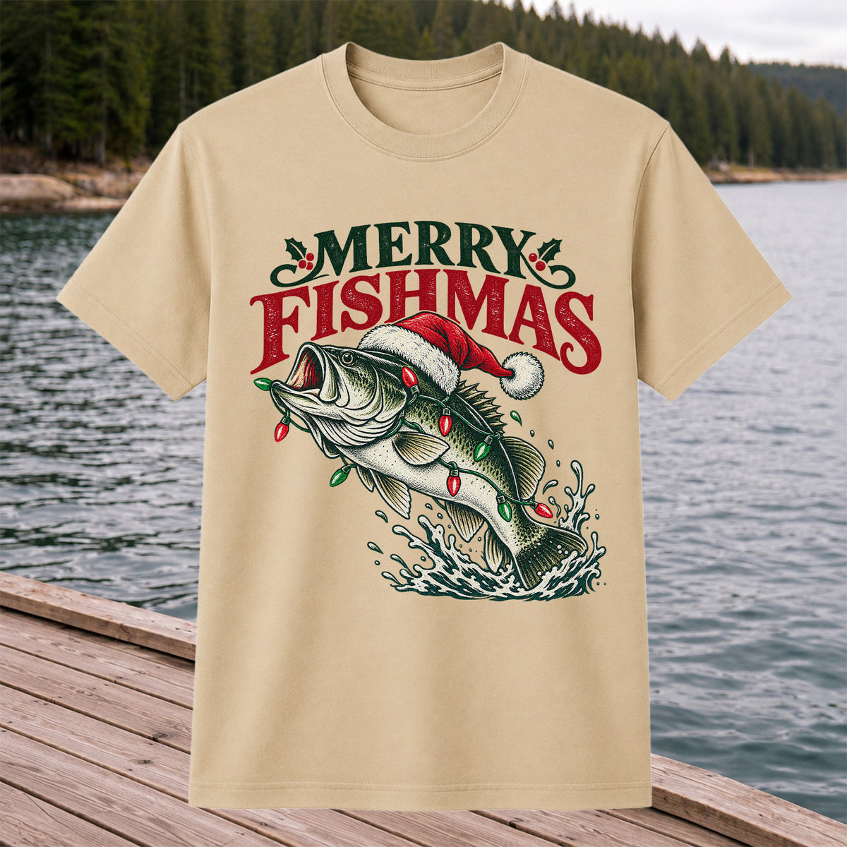 Christmas Bass Fishing Graphic T-Shirt with Santa Hat
