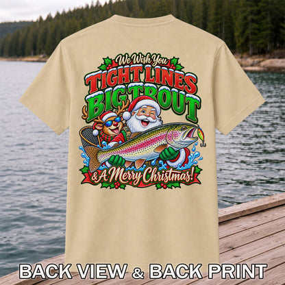 We Wish You Tight Lines Big Trout & a Merry Christmas Santa and Reindeer Fishing T-Shirt | Back Print
