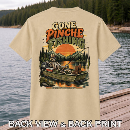 Gone Pinche Fishing Skeleton in a Boat Retro Graphic T-Shirt | Back Print