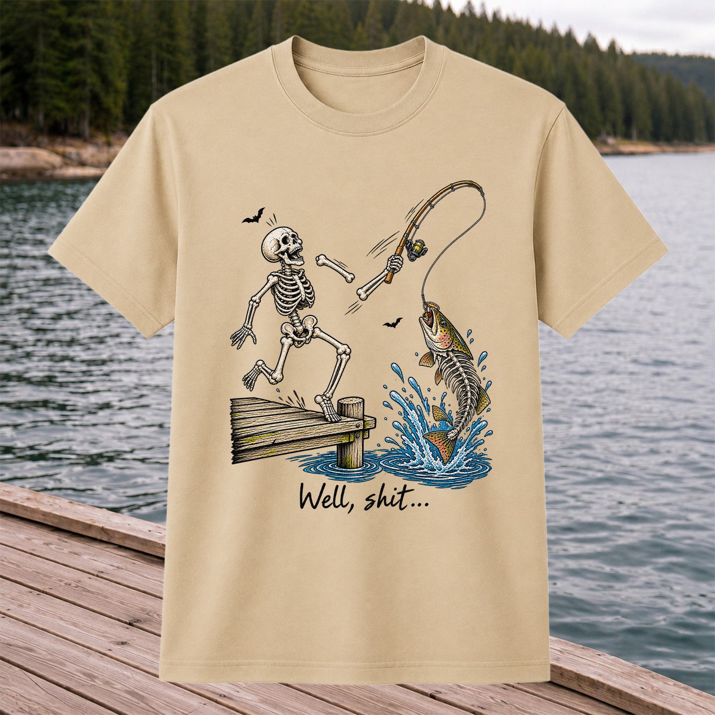 Well, Shit Skeleton Fishing Funny Graphic T-Shirt