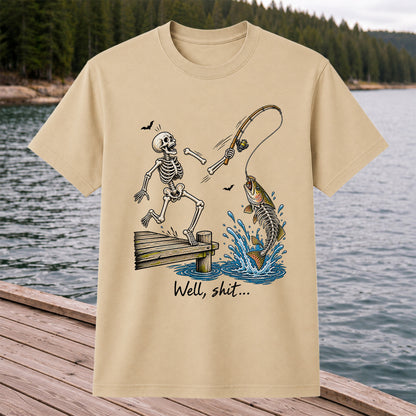 Well, Shit Skeleton Fishing Funny Graphic T-Shirt