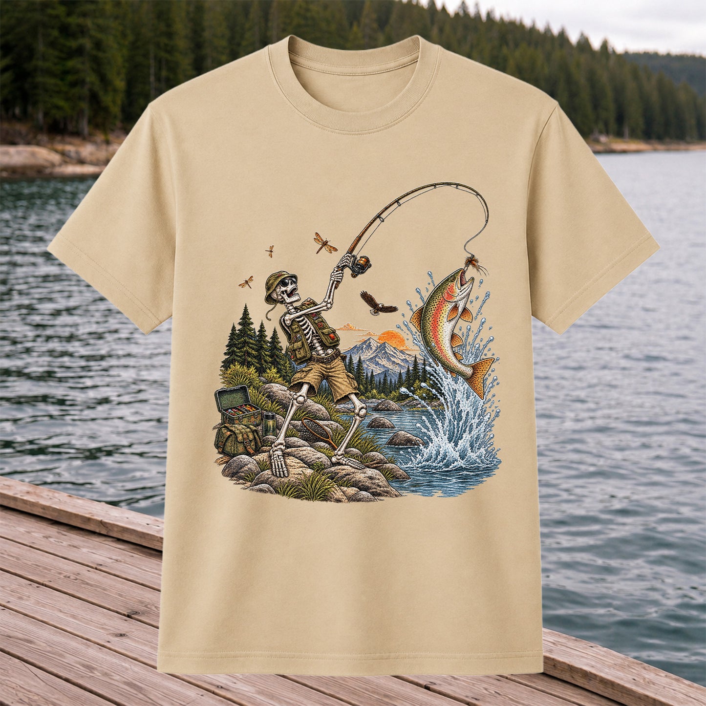Skeleton Angler Catching Trout at a Mountain Lake Fishing T-Shirt