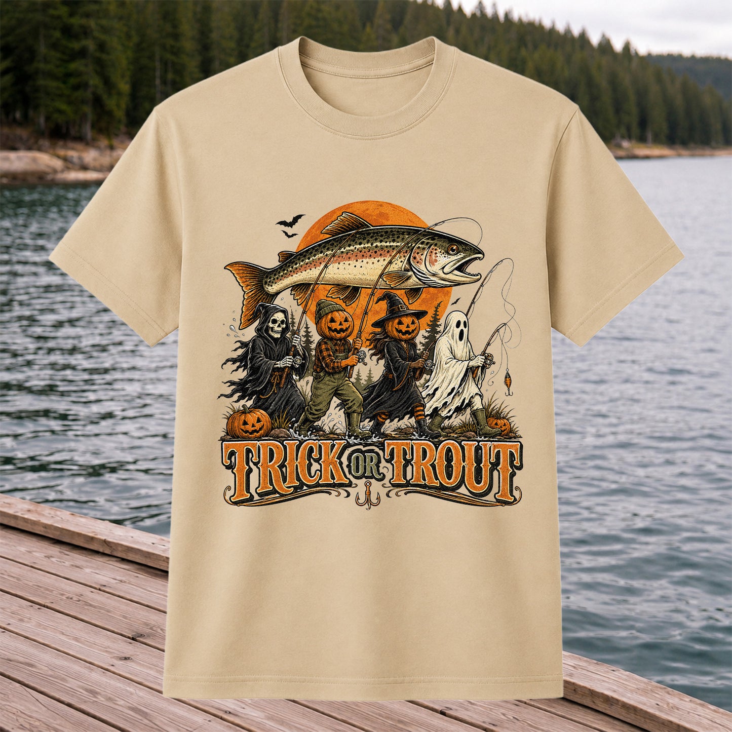 Trick or Trout Halloween Fishing T-Shirt, Vintage Trout Angler Tee