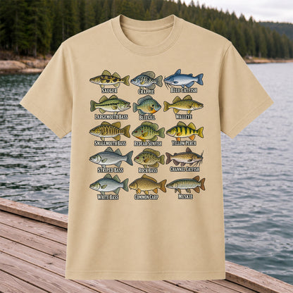 Bass Crappie and Catfish Freshwater Fish Chart Graphic T-Shirt