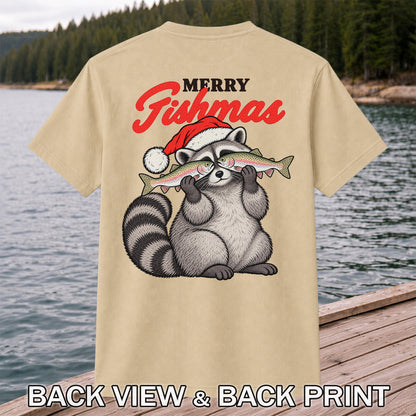 Santa Raccoon Holding Fish Christmas Fishing Graphic T-Shirt | Back Print