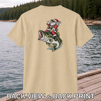 Santa Riding Largemouth Bass Christmas Fishing Graphic T-Shirt | Back Print