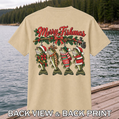 Merry Fishmas Christmas Bass Fishing Graphic T-Shirt | Back Print