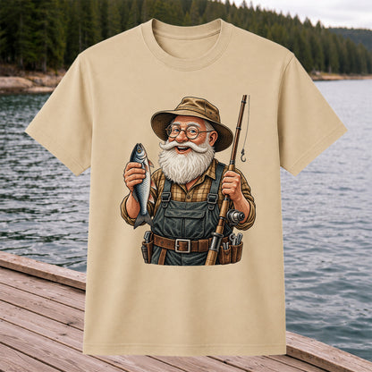 Bearded Angler Holding a Fish and Fishing Rod Graphic T-Shirt