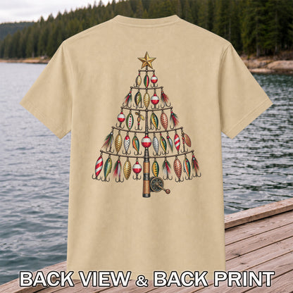 Fishing Lure Christmas Tree with Rod and Reel Graphic T-Shirt | Back Print