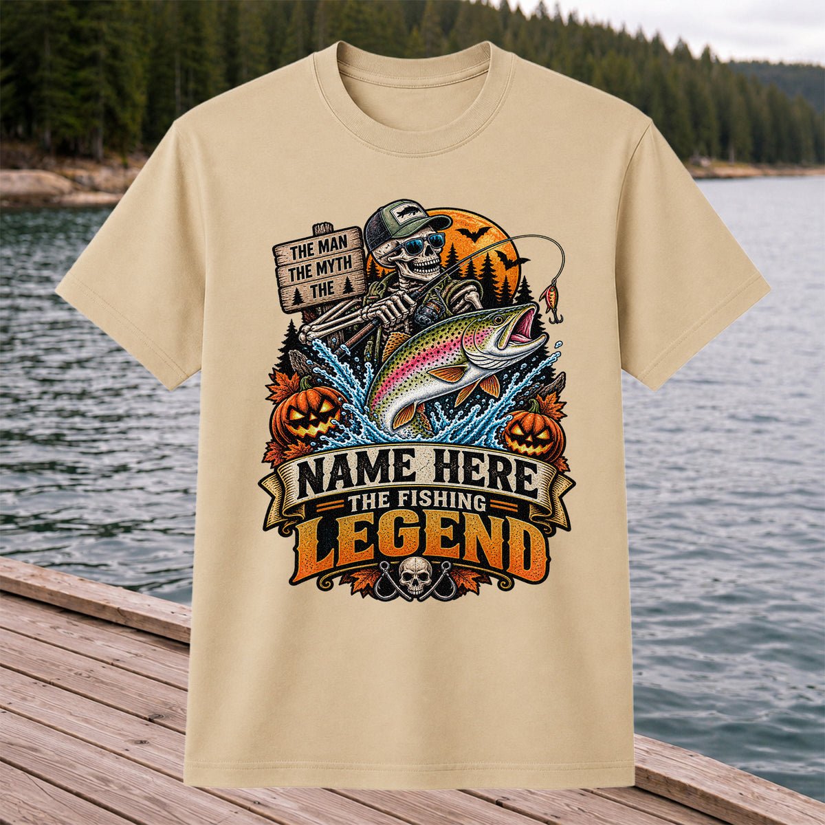 The Man The Myth The Fishing Legend Name Here Halloween Skeleton Rainbow Trout T-Shirt