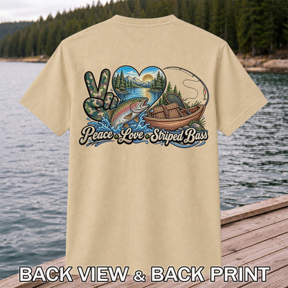 Peace Love Striped Bass Lake and Boat Fishing Graphic T-Shirt | Back Print