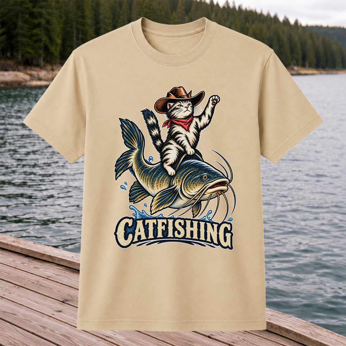 Catfishing Cowboy Cat Riding a Catfish Graphic T-Shirt