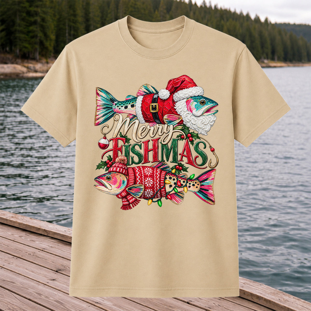 Merry Fishmas Santa Fish Christmas Fishing Graphic T-Shirt