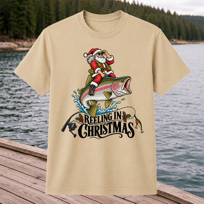 Reeling in Christmas Santa Rainbow Trout Fishing T-Shirt