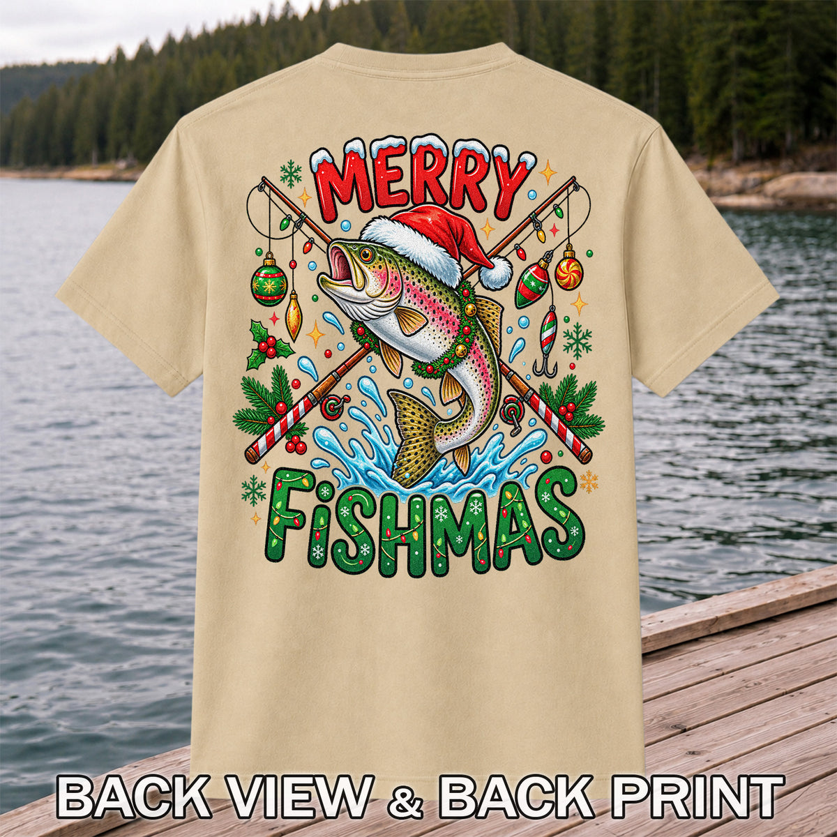Merry Fishmas Santa Trout Christmas Fishing Graphic T-Shirt | Back Print