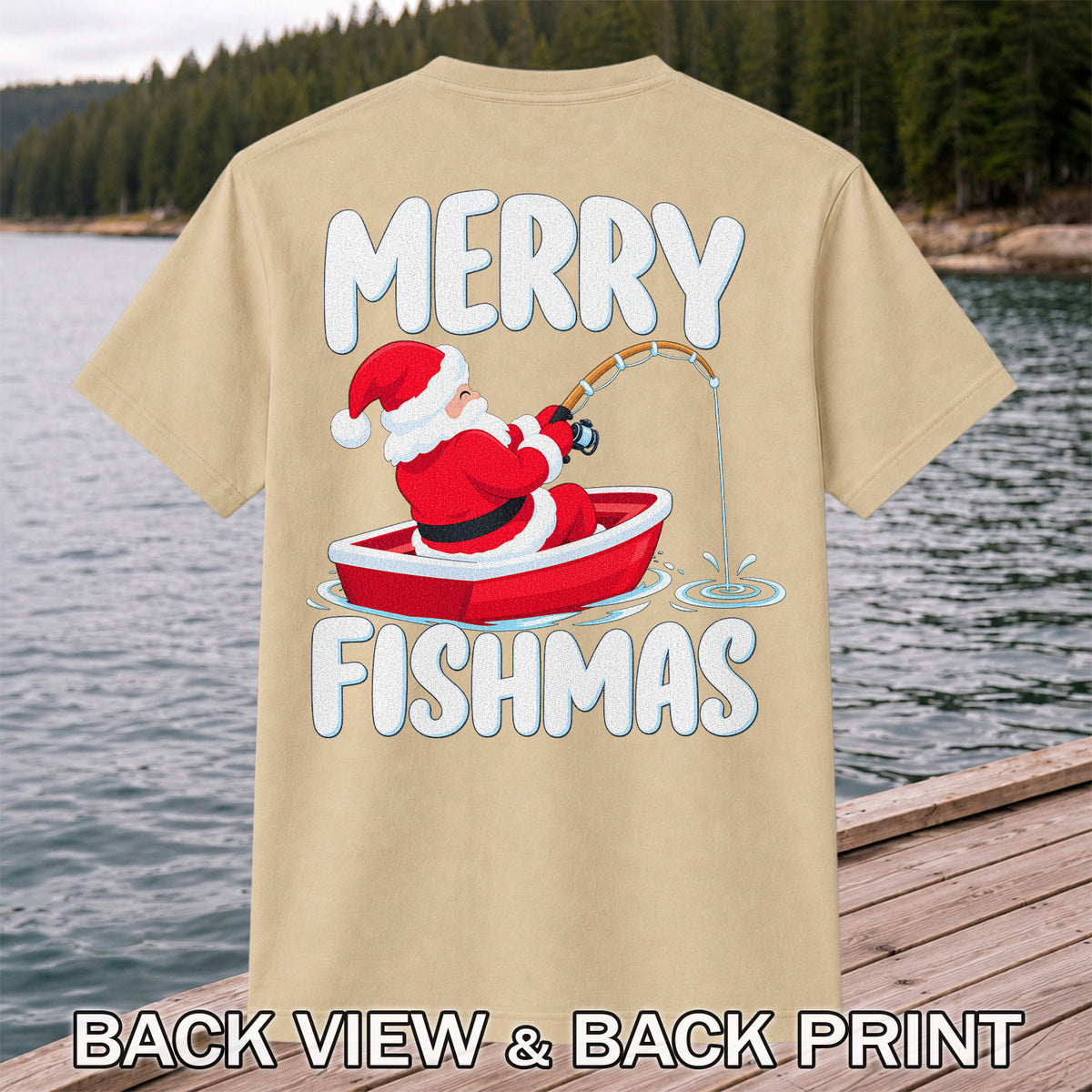 Santa Claus Boat Fishing Christmas Graphic T-Shirt | Back Print