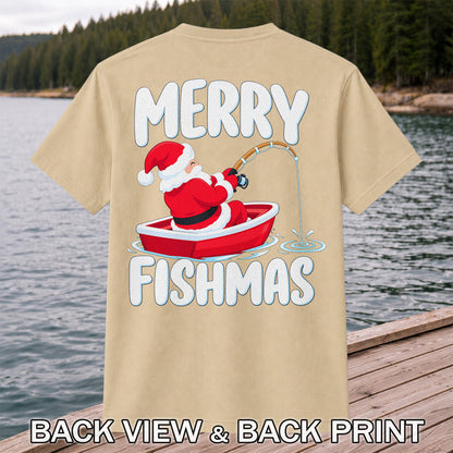 Santa Claus Boat Fishing Christmas Graphic T-Shirt | Back Print