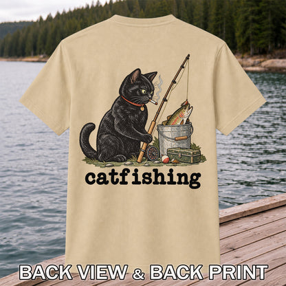 Catfishing Smoking Black Cat with Fishing Rod Funny T-Shirt | Back Print