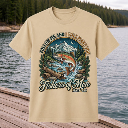 Follow Me and I Will Make You Fishers of Men Matt 4:19 Rainbow Trout Mountain River Fishing T-Shirt
