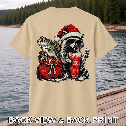 Santa Raccoon Sharing a Bass Christmas Fishing Graphic T-Shirt | Back Print