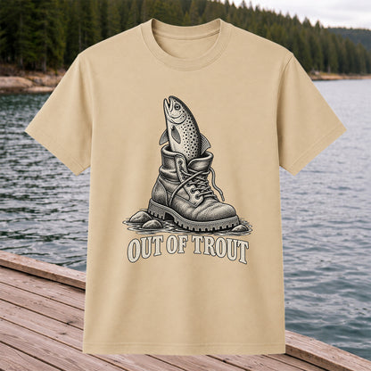 Out of Trout Funny Trout in a Hiking Boot Fishing T-Shirt