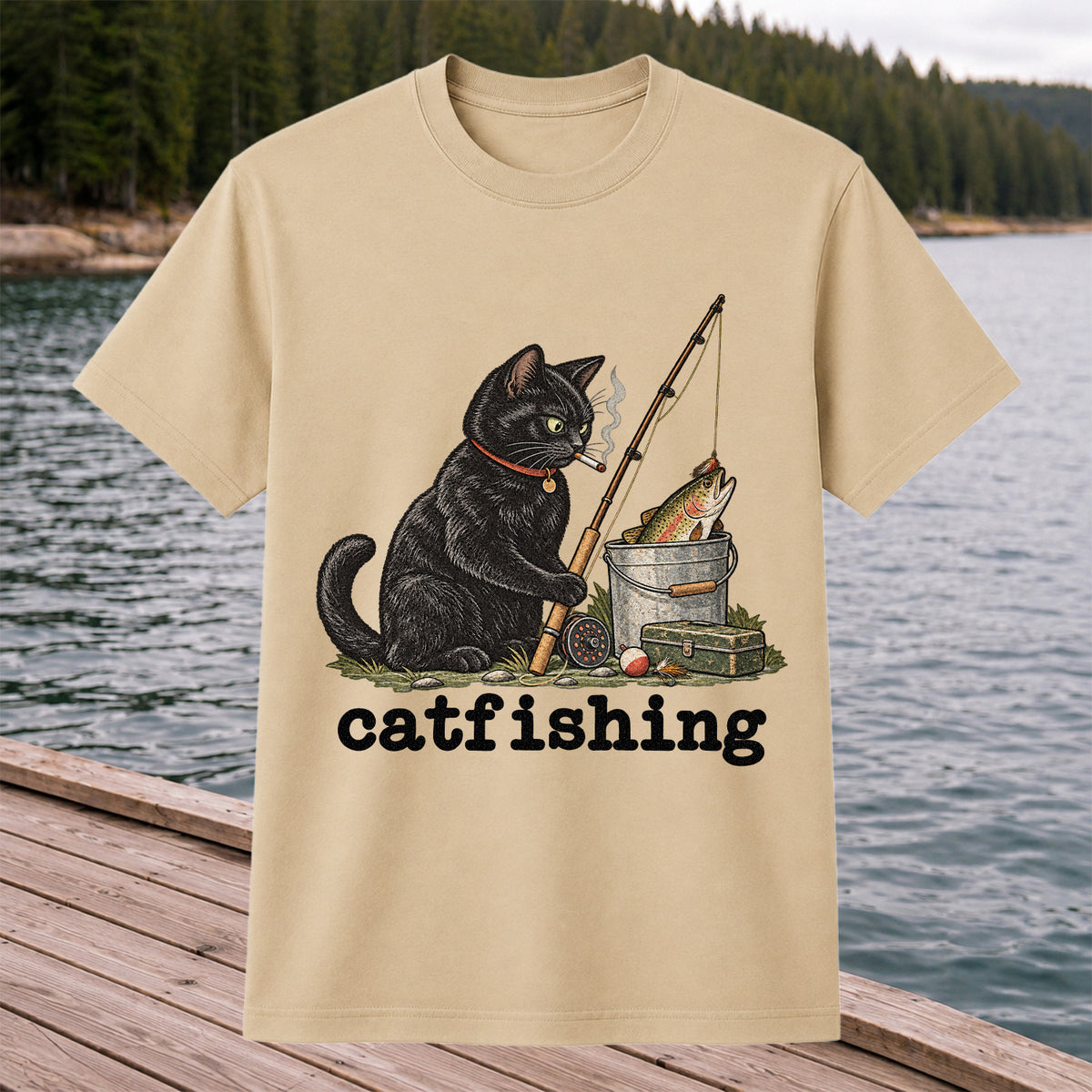 Catfishing Smoking Black Cat with Fishing Rod Funny T-Shirt