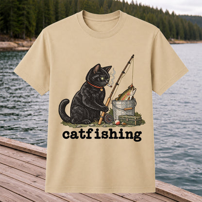 Catfishing Smoking Black Cat with Fishing Rod Funny T-Shirt