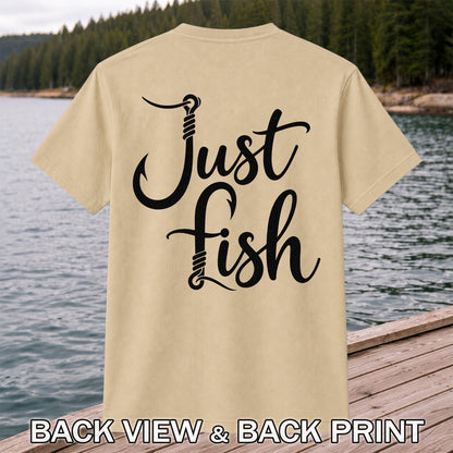 Just Fish Funny Fishing Hook Graphic T-Shirt | Back Print