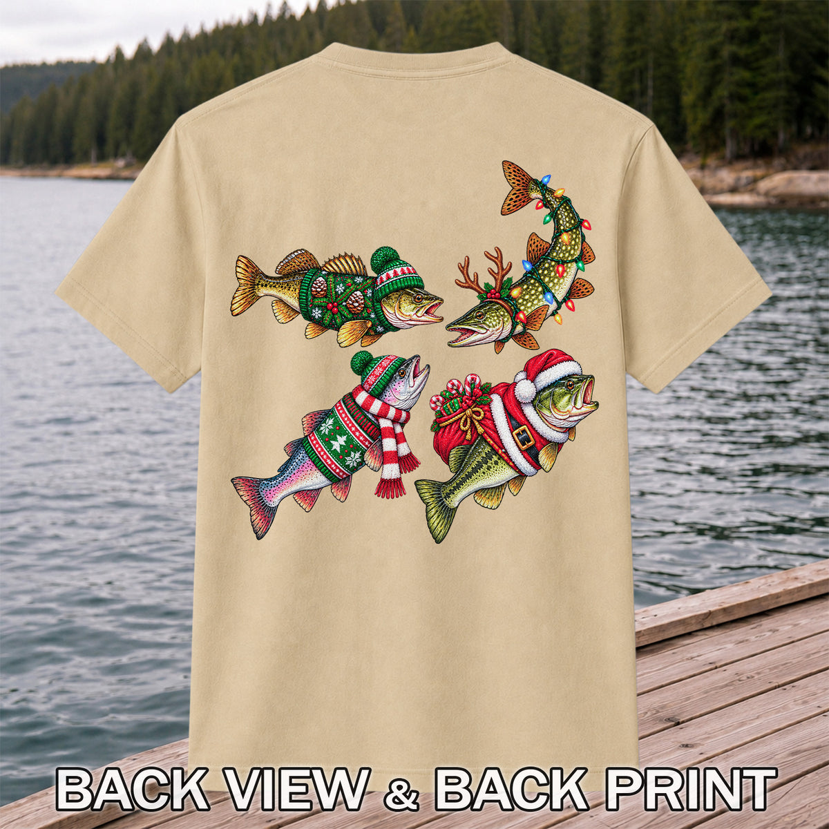 Festive Christmas Fish Wearing Holiday Sweaters Fishing T-Shirt | Back Print