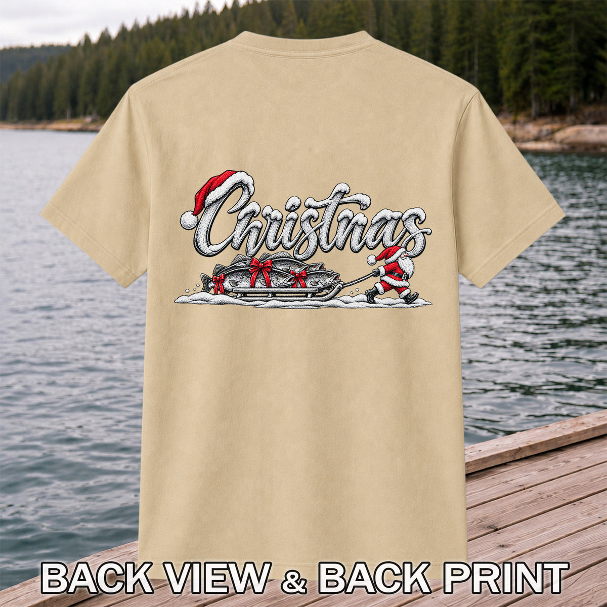 Christmas Santa Pulling Trout Fishing Sled Graphic T-Shirt | Back Print