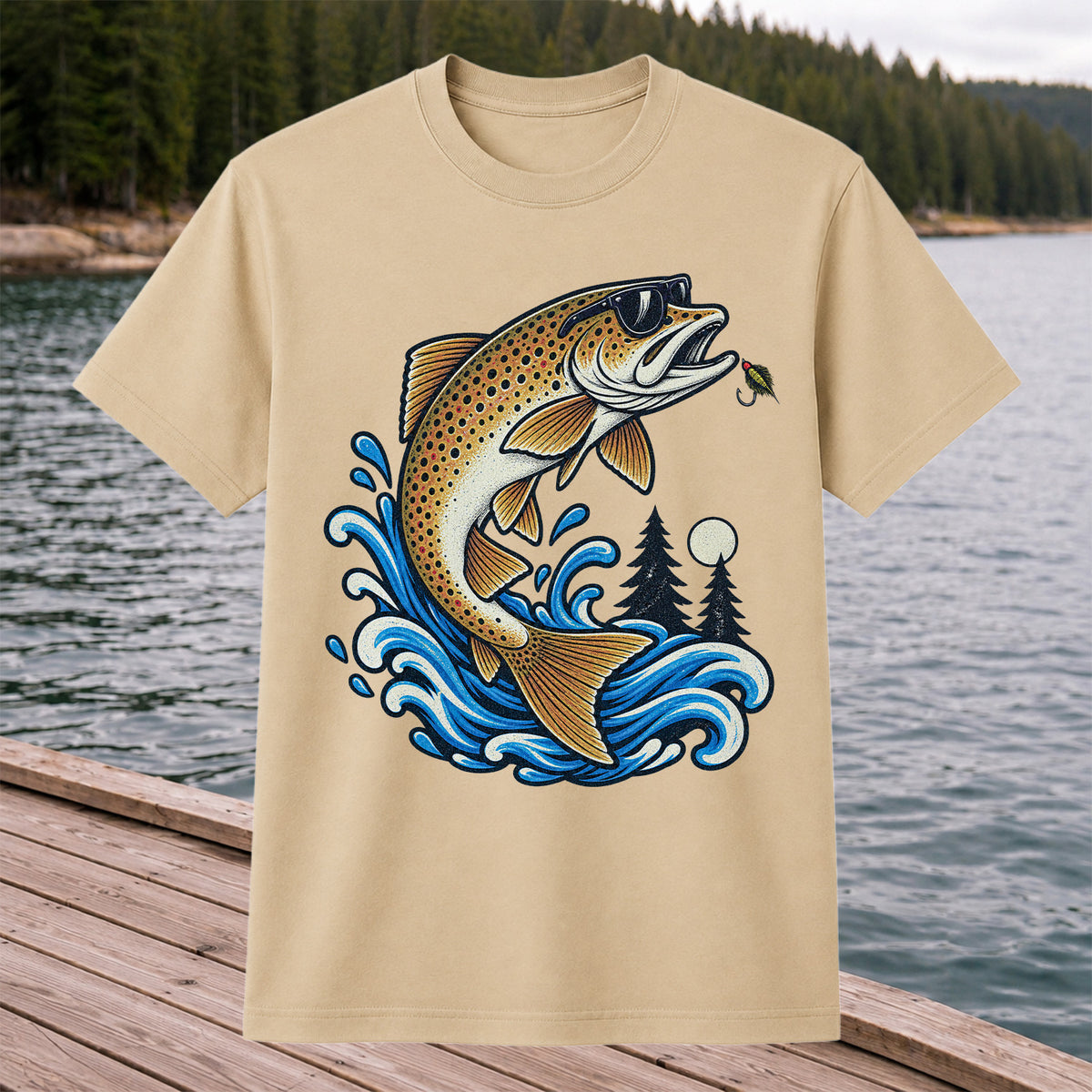 Brown Trout Sunglasses Fishing Graphic T-Shirt with Lure