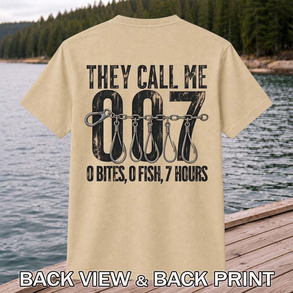 Zero Bites Fishing Hook Funny Graphic T-Shirt | Back Print