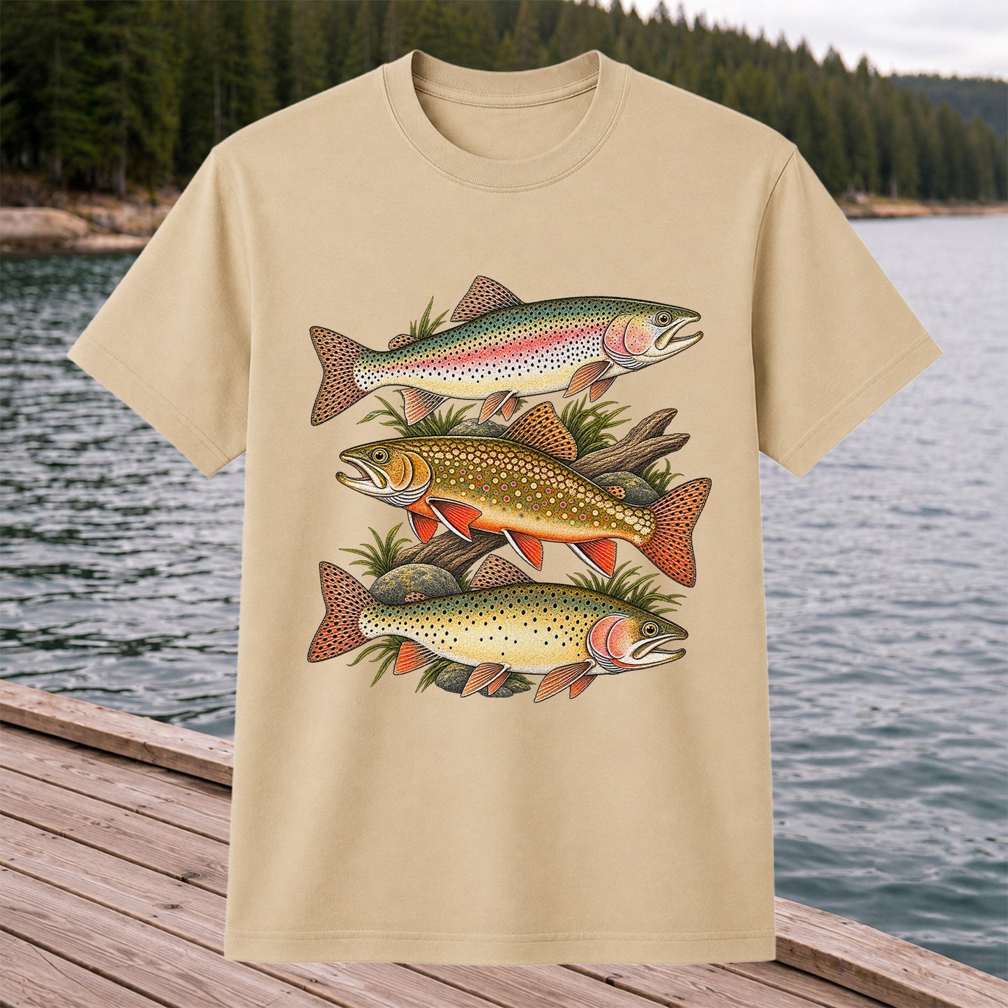 Vintage Rainbow Brook and Brown Trout Fishing Graphic T-Shirt