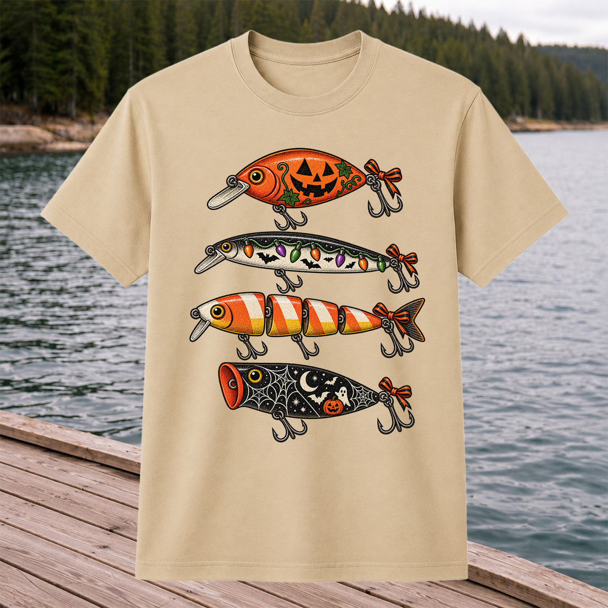 Halloween Fishing Lures with Pumpkin, Ghost and Candy Corn Graphic T-Shirt
