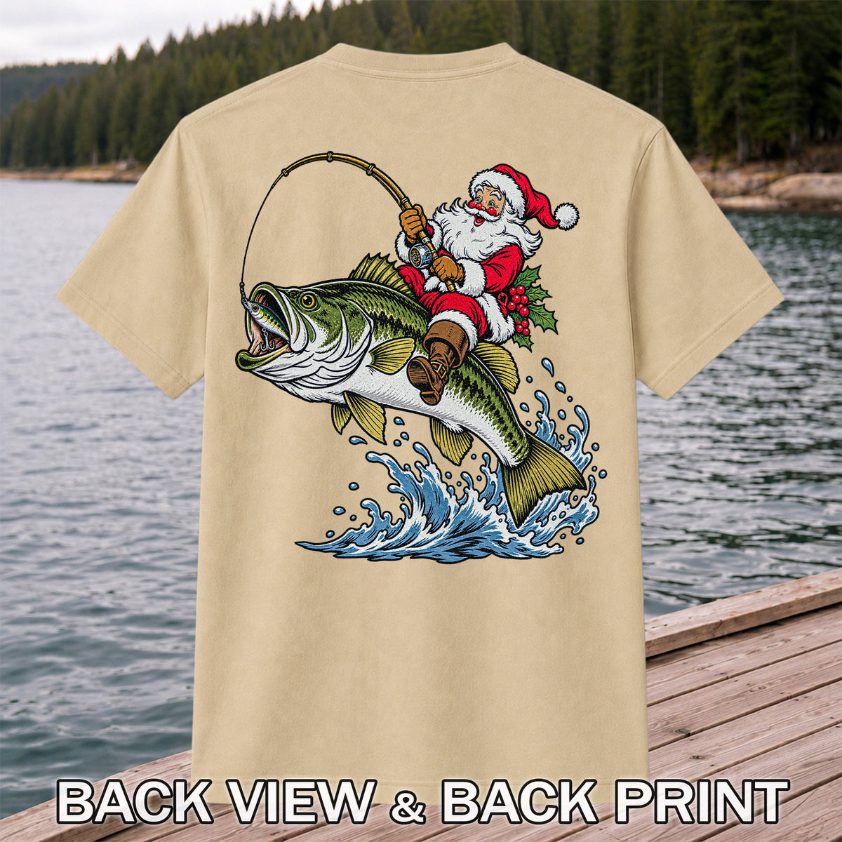 Santa Claus Riding a Bass Christmas Fishing Graphic T-Shirt | Back Print