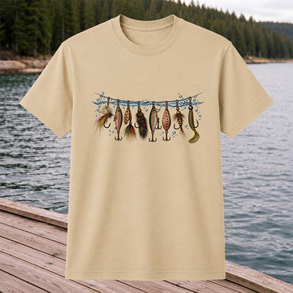 Vintage Fishing Lures Hanging from a Waterline Graphic T-Shirt