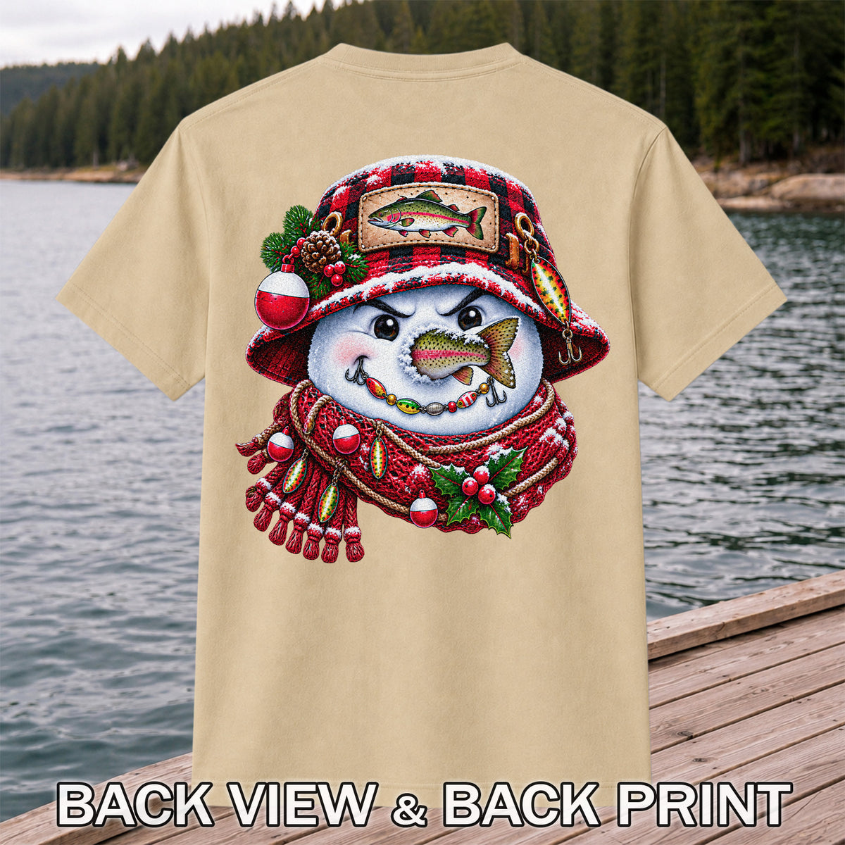 Christmas Snowman Trout Fishing Graphic T-Shirt | Back Print