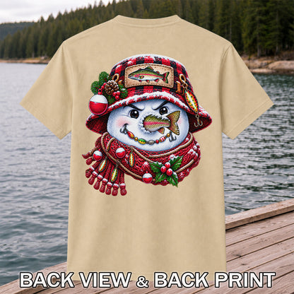 Christmas Snowman Trout Fishing Graphic T-Shirt | Back Print