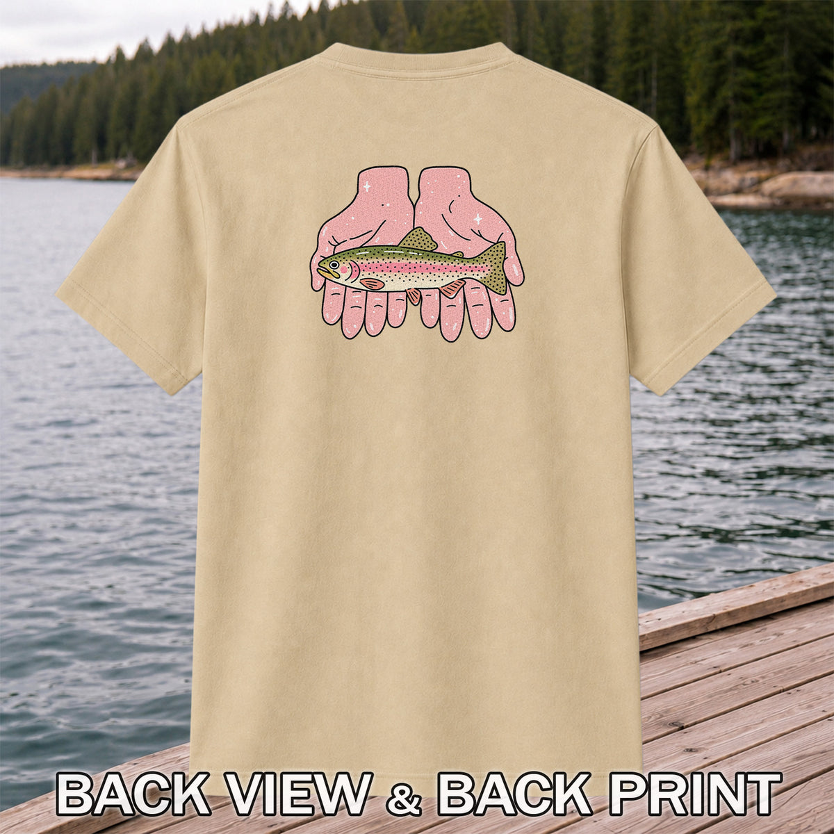 Rainbow Trout Held in Pink Hands Fishing Graphic T-Shirt | Back Print