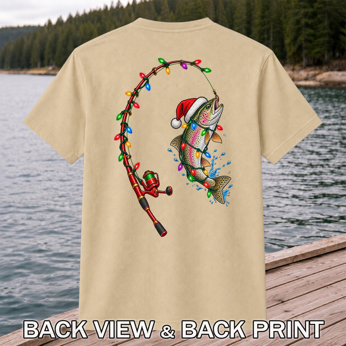 Christmas Rainbow Trout with Santa Hat and Lights Fishing T-Shirt | Back Print