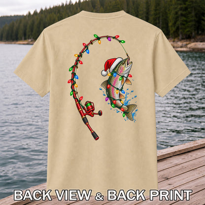 Christmas Rainbow Trout with Santa Hat and Lights Fishing T-Shirt | Back Print