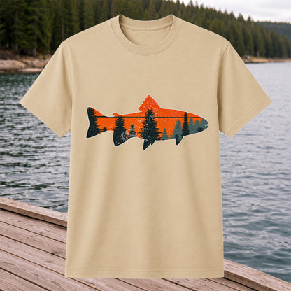 Trout with Mountain Sunset and Pine Forest Fishing Graphic T-Shirt