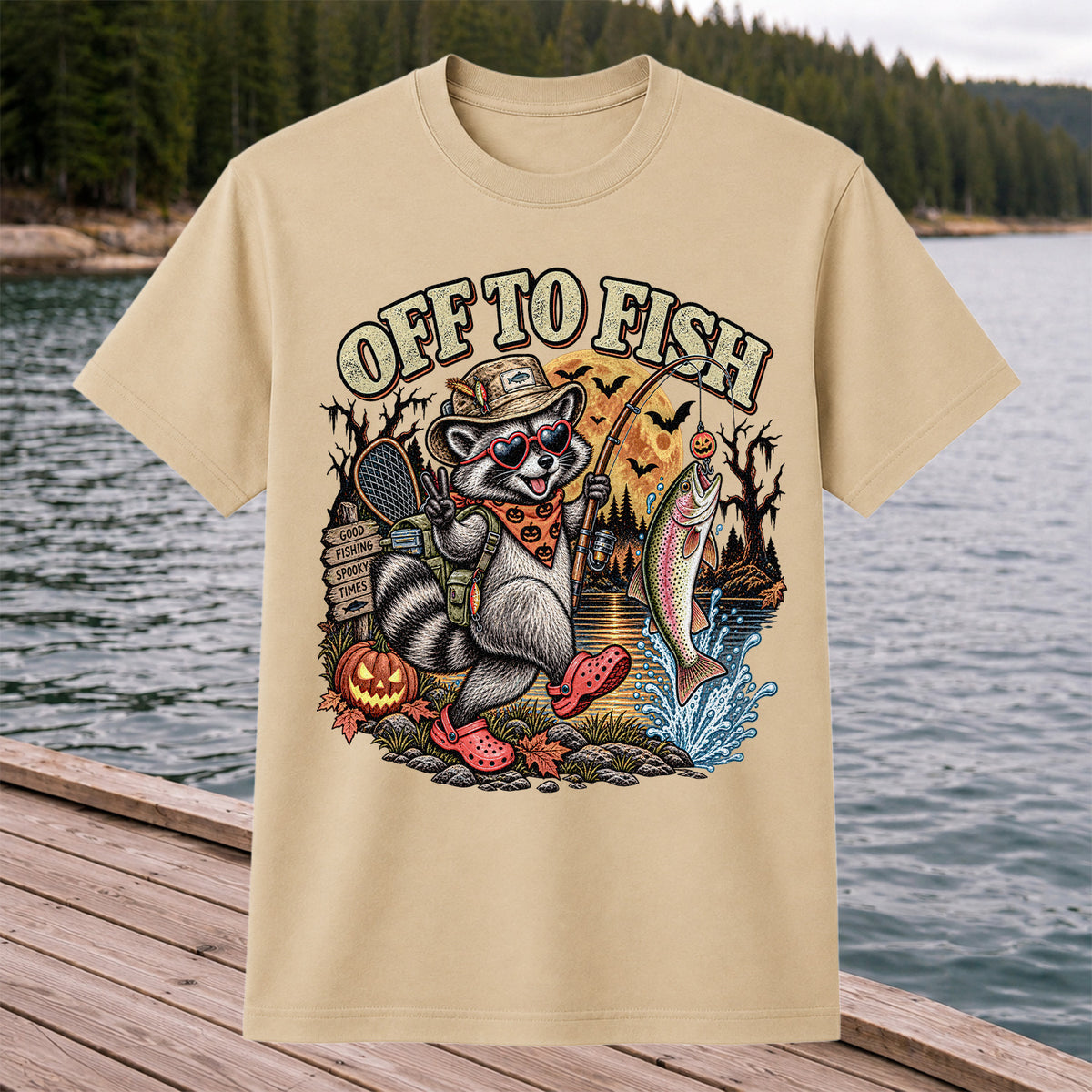 Off to Fish Raccoon and Trout Halloween T-Shirt - Good Fishing Spooky Times