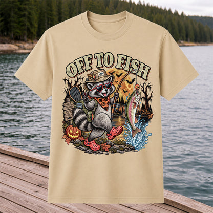 Off to Fish Raccoon and Trout Halloween T-Shirt - Good Fishing Spooky Times