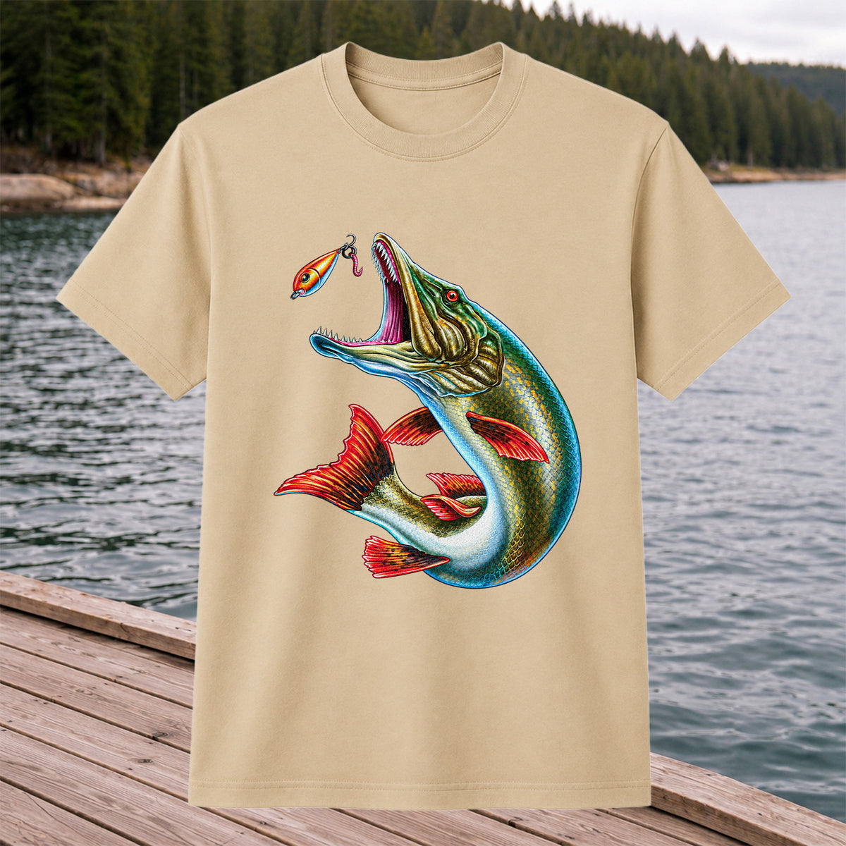 Northern Pike Chasing Fishing Lure Graphic T-Shirt