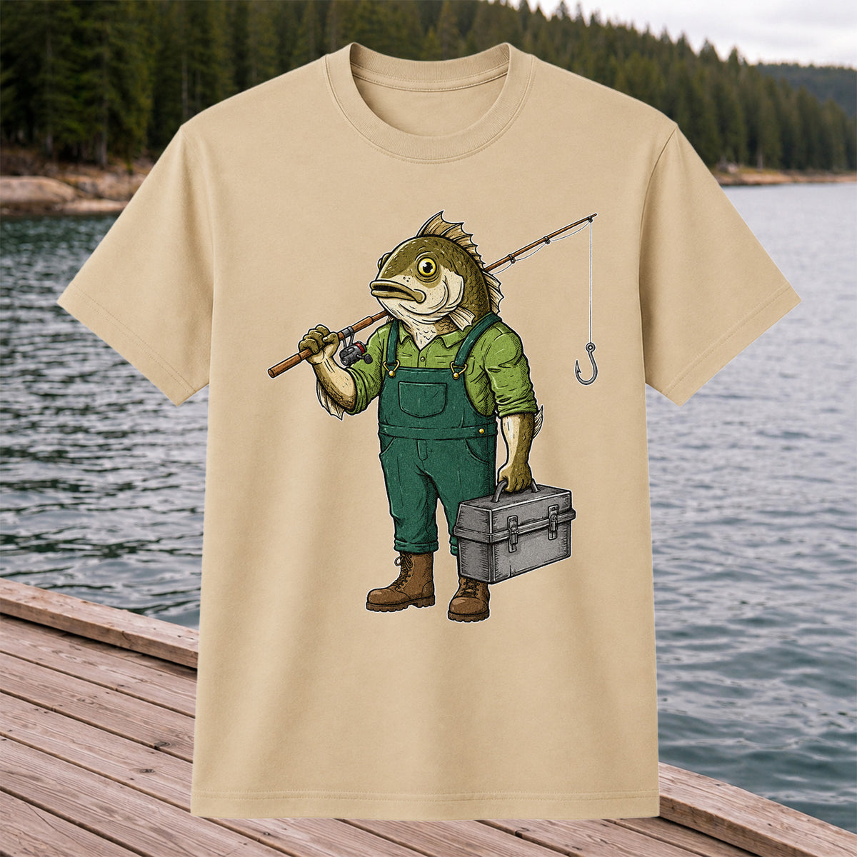 Funny Bass Fisherman Carrying Tackle Box Graphic T-Shirt