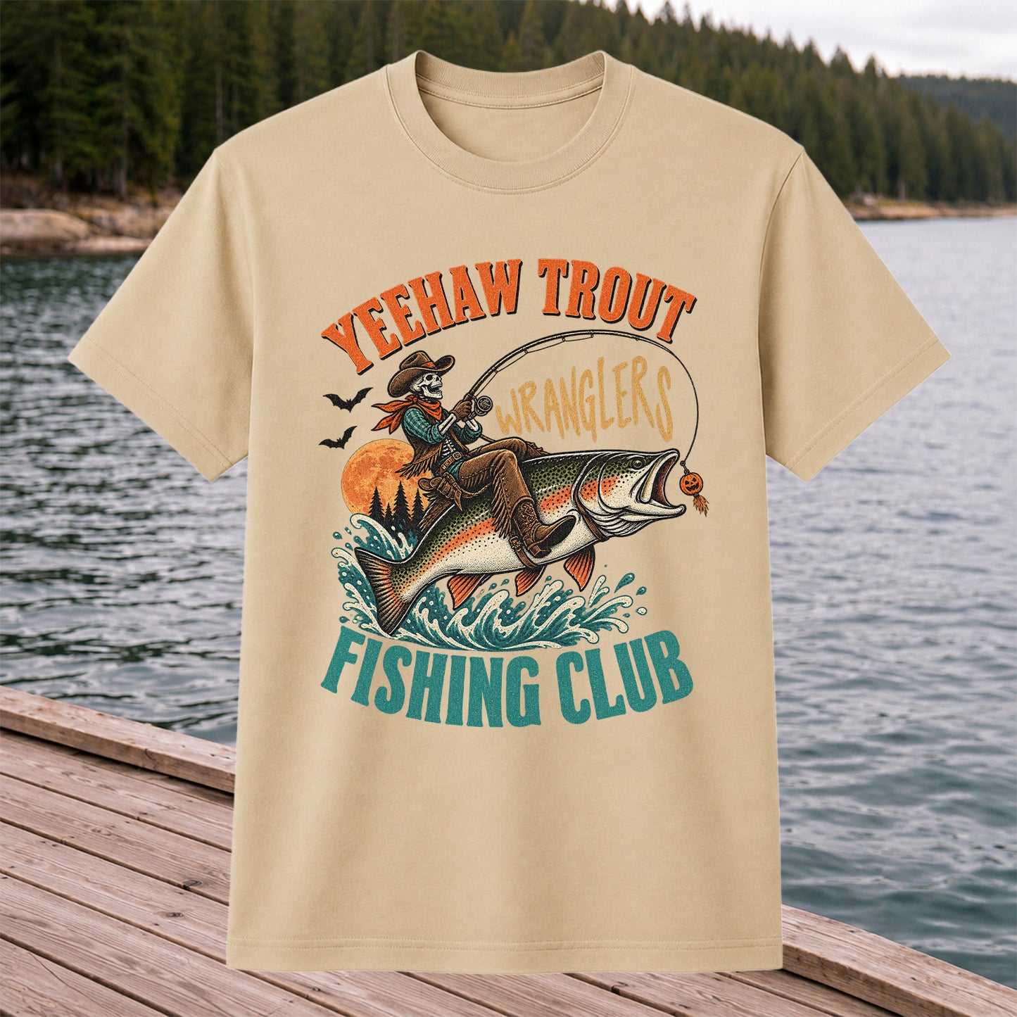Yeehaw Trout Wranglers Fishing Club Cowboy Skeleton T-Shirt