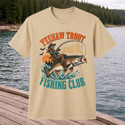 Yeehaw Trout Wranglers Fishing Club Cowboy Skeleton T-Shirt